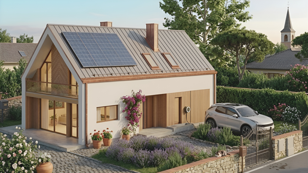 Single-family house with photovoltaic panels on the roof and electric vehicle charging via wallbox in the driveway. Photovoltaic system integration.